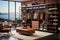 Modern, luxury brown built-in wardrobe for a man in the bedroom, shelves with men\\\'s clothing.