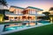 Modern Luxury Home Bathed in Warm Sunset Glow, Sprawling Manicured Lawn Leading to a Reflective Infinity Pool