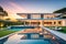 Modern Luxury Home Bathed in Warm Sunset Glow, Sprawling Manicured Lawn Leading to a Reflective Infinity Pool