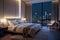 Modern luxury hotel bedroom interior with night city lights filtering through sheer curtains. minimalist elegance and