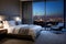 Modern luxury hotel bedroom interior with night city lights filtering through sheer curtains. minimalist elegance and