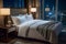 Modern luxury hotel bedroom interior with night city lights filtering through sheer curtains. minimalist elegance and