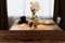 Modern luxury kitchen dining table black golden tone with wooden tabletop space for display or montage your products