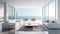 Modern luxury living room with sophisticated white couch, expansive seascape view, and serene ambiance.