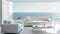 Modern luxury living room with sophisticated white couch, expansive seascape view, and serene ambiance.