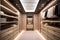 Modern luxury style warm wood walk in closet, minimal walk in wardrobe dressing room interior. generative ai