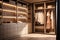 Modern luxury stylish warm wood walk in closet dressing room, minimal walk in wardrobe cloakroom interior. generative ai