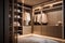 Modern luxury stylish warm wood walk in closet dressing room, minimal walk in wardrobe cloakroom interior. generative ai