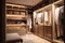 Modern luxury stylish warm wood walk in closet dressing room, minimal walk in wardrobe cloakroom interior. generative ai