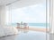 Modern luxury white bedroom with infinity pool and sea view 3d render