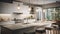 Modern luxury white kitchen. Large kitchen island with marble countertops and bar stools, luxurious chandeliers