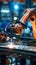 Modern machinery closeup working in metal factory warehouse on conveyor belt