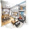 Modern mansard apartment, cartoon sketch of modern kitchen and living room. Generative AI