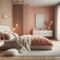 Modern master bedroom with furniture and walls in peach fuzz, color of the year. Created using an AI model
