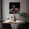 Modern meat restaurant interior, grey concrete walls, stylish furniture and table setting, plants and a close up picture of a