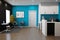 Modern Medical Clinic Reception: Sleek Desk, Comfy Seating & Blue-Gray Tones