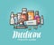 Modern medicine, pharmacy banner. Medication, pills, bottles, pharmaceutics concept. Cartoon vector illustration