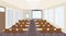 Modern meeting conference presentation classroom interior with desks chairs and blank screen lecture seminar hall large