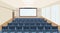 Modern meeting conference presentation room interior with blue chairs and blank screen lecture seminar hall large