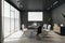 Modern meeting room interior with empty white mock up poster, window and city view, furniture.