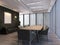 Modern meeting room with large panoramic windows and dark walls, 3d rendering