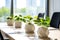 A modern meeting room with vibrant green plants in plaster white pots on a conference table. Concept of business company\\\'s