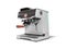 Modern metal horn coffee machine with milk dispenser and coffee tank with water tank 3D render on white background with shadow
