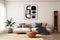 Modern mid century living room interior with black and beige wall art in abstract style. Cozy furniture. White color sofa and grey
