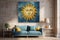Modern mid century living room interior with blue sofa, pillows and large yellow sun art on brick wall