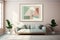 Modern mid century living room interior sage green wall art in textured abstract style. Cozy furniture. Pastel green color sofa