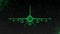 Modern military combat aircraft rotates. Footage in ultra technological style of glowing green lines flying around