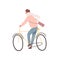Modern millennial cycler man wearing scarf ride urban bike. Active male character on bicycle. Flat vector cartoon