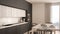 Modern minimal gray kitchen with wooden floor, classic interior