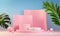 Modern Minimal Step Shelves, Green Summer Tropic plant, Pink And Blue Pastel Colours, Abstract Background 3d Render