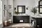 modern minimalist bath room with hanging lamp in farmhouse black and white style