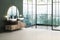 Modern minimalist bathroom interior with dark green wall, luxury bathroom cabinet with double sink, interior plants, pool, marble