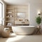 Modern minimalist bathroom interior, white sink, wooden vanity, interior plants, have large windows, white and beige walls,