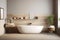 Modern minimalist bathroom interior, white sink, wooden vanity, interior plants, have large windows, white and beige walls,