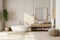 Modern minimalist bathroom interior, white sink, wooden vanity, interior plants, have large windows, white and beige walls,