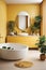Modern minimalist bathroom interior, yellow bathroom cabinet