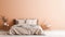 Modern minimalist bedroom interior design with soft peach fuzz color empty wall. Modern trendy tone hue shade