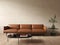 Modern minimalist beige interior with leather orange sofa and coffee table.