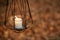 Modern minimalist black lantern with burning candle on background of autumn leaves in forest. Hello Fall! Glowing lantern in moody