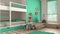 Modern minimalist children bedroom in turquoise pastel tones, parquet floor, bunk bed, cabinets with toys, puppets and decors,