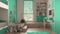 Modern minimalist children bedroom in turquoise pastel tones, parquet floor, bunk bed, cabinets with toys, puppets and decors,
