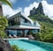Modern minimalist concrete and glass house in mountains. Luxury villa with terrace and pool. Created with generative Ai