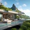 Modern minimalist concrete house in mountains. Luxury villa with terrace and pool. Created with generative Ai