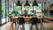 a modern minimalist dining room featuring an open layout, a sleek wooden table, and stylish black chairs, embodying