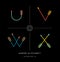 Modern minimalist font alphabet shaped like archery arrows. Letters u, v, w, x.