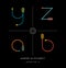 Modern minimalist font alphabet shaped like archery arrows. Letters z, y, a, b.